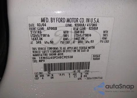 2004 Ford Excursion Eddie Bauer из США, поврежденный, VIN 1FMSU45P24EC92538